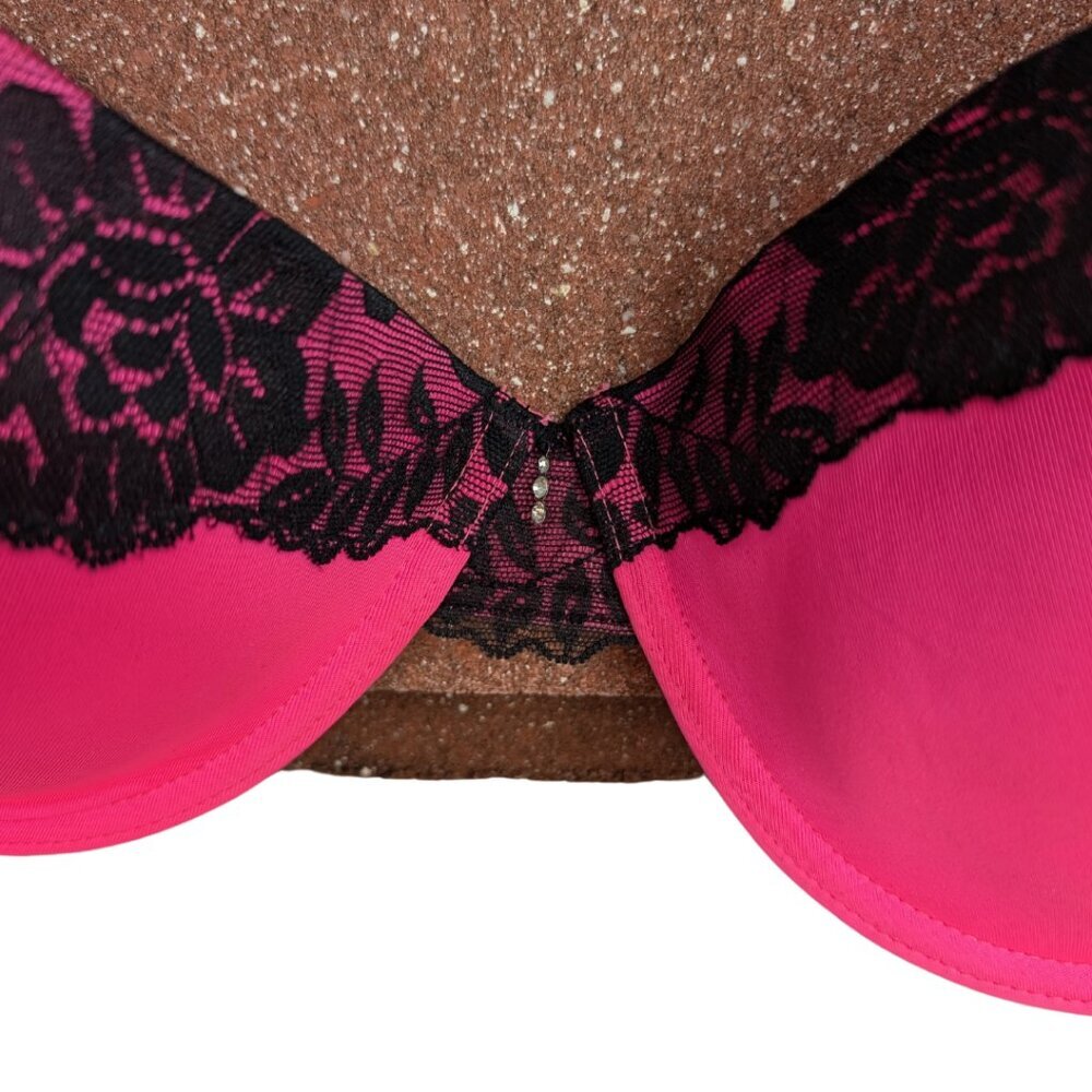 38 D Hot Pink Black Lace Underwire Rhinestone Detail - Picture 2 of 6